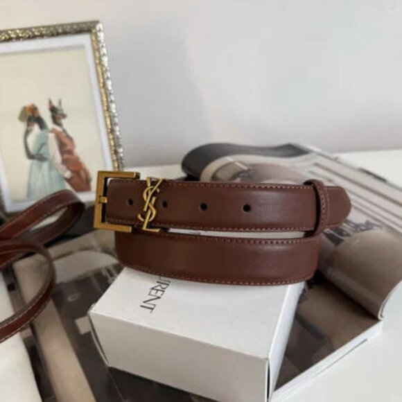 Saint Laurent Dark Brown Belt 3cm 90cm - Gold YSL Buckle - With Box & Dust Bag - Picture 6 of 6